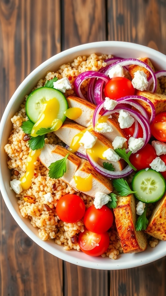 Quinoa Greek Chicken Bowl Recipe A colorful quinoa Greek chicken bowl with grilled chicken, tomatoes, cucumber, onion, and feta cheese on a rustic table.
